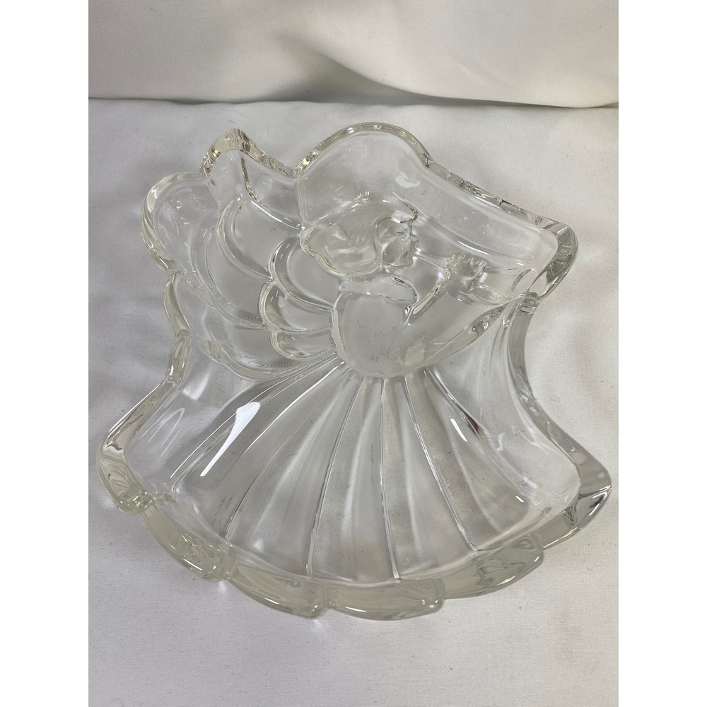 Vintage Clear Frosted Glass Angel‎ Trinket Dish Praying Celestial Decor 6.5in